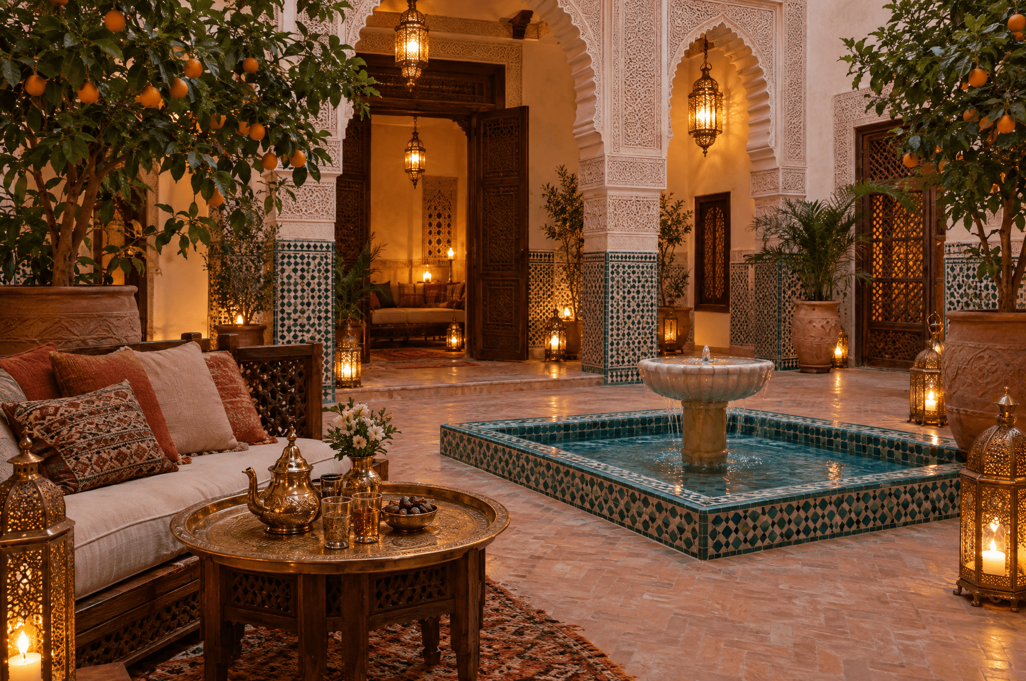 فناء رياض عند الغسق بنافورة فيروزية وفوانيس متوهجة على الأقواس المنقوشة، وطاولة صغيرة عليها صينية شاي نحاسية بجانب مقعد