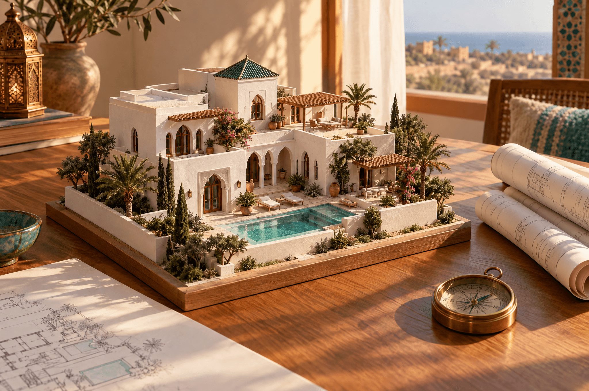 An architectural model of white villas with arched windows and a small pool on a cedar table, rolled plans and a brass compass beside it
