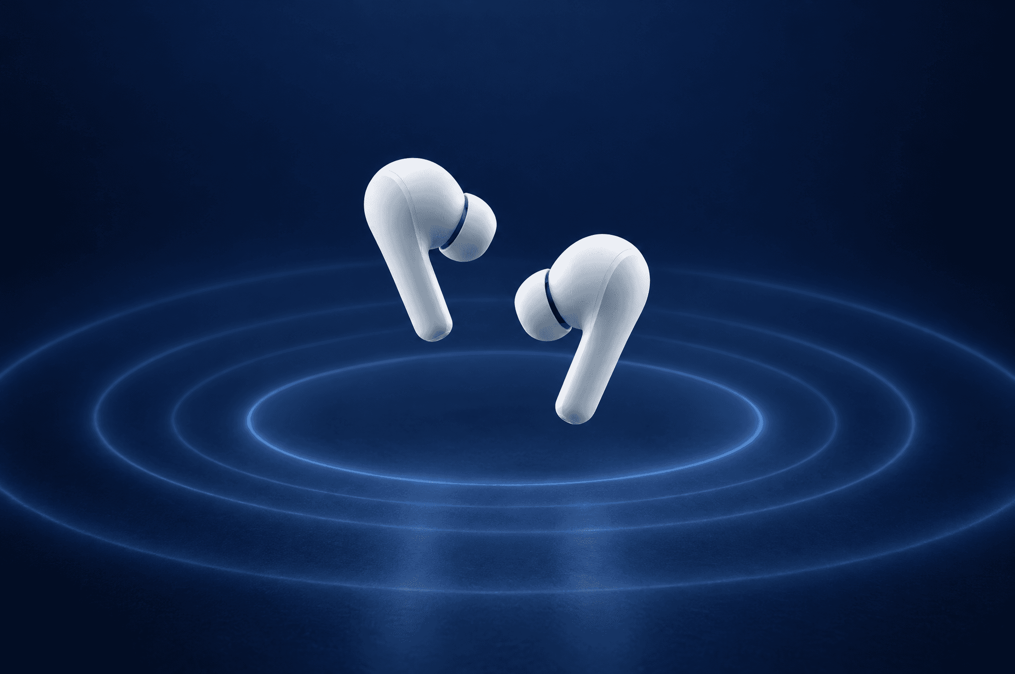 Unbranded matte white earbuds floating above a midnight-blue surface with soft light waves