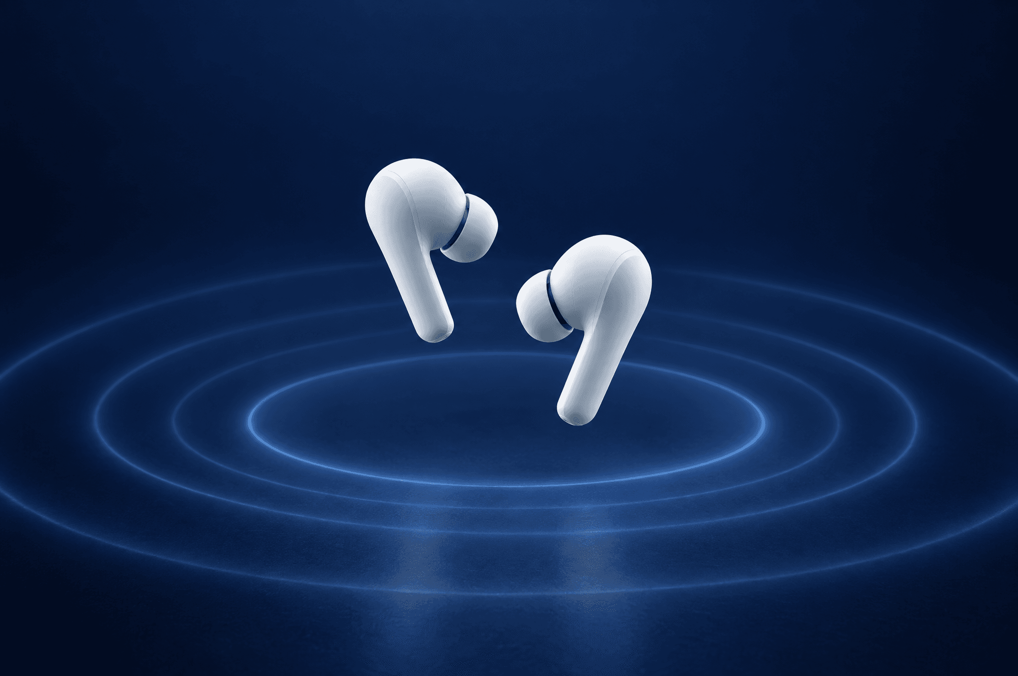 Unbranded matte white earbuds floating above a midnight-blue surface with soft light waves