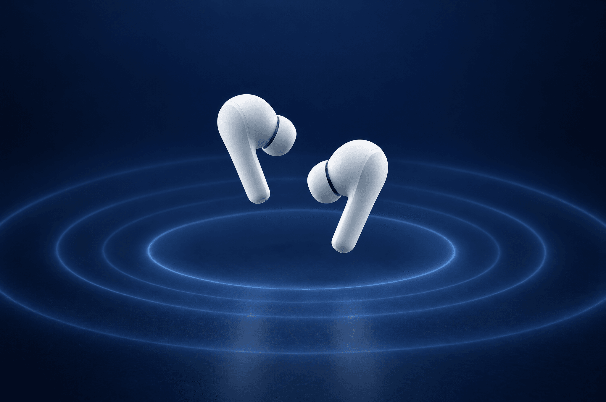 Unbranded matte white earbuds floating above a midnight-blue surface with soft light waves