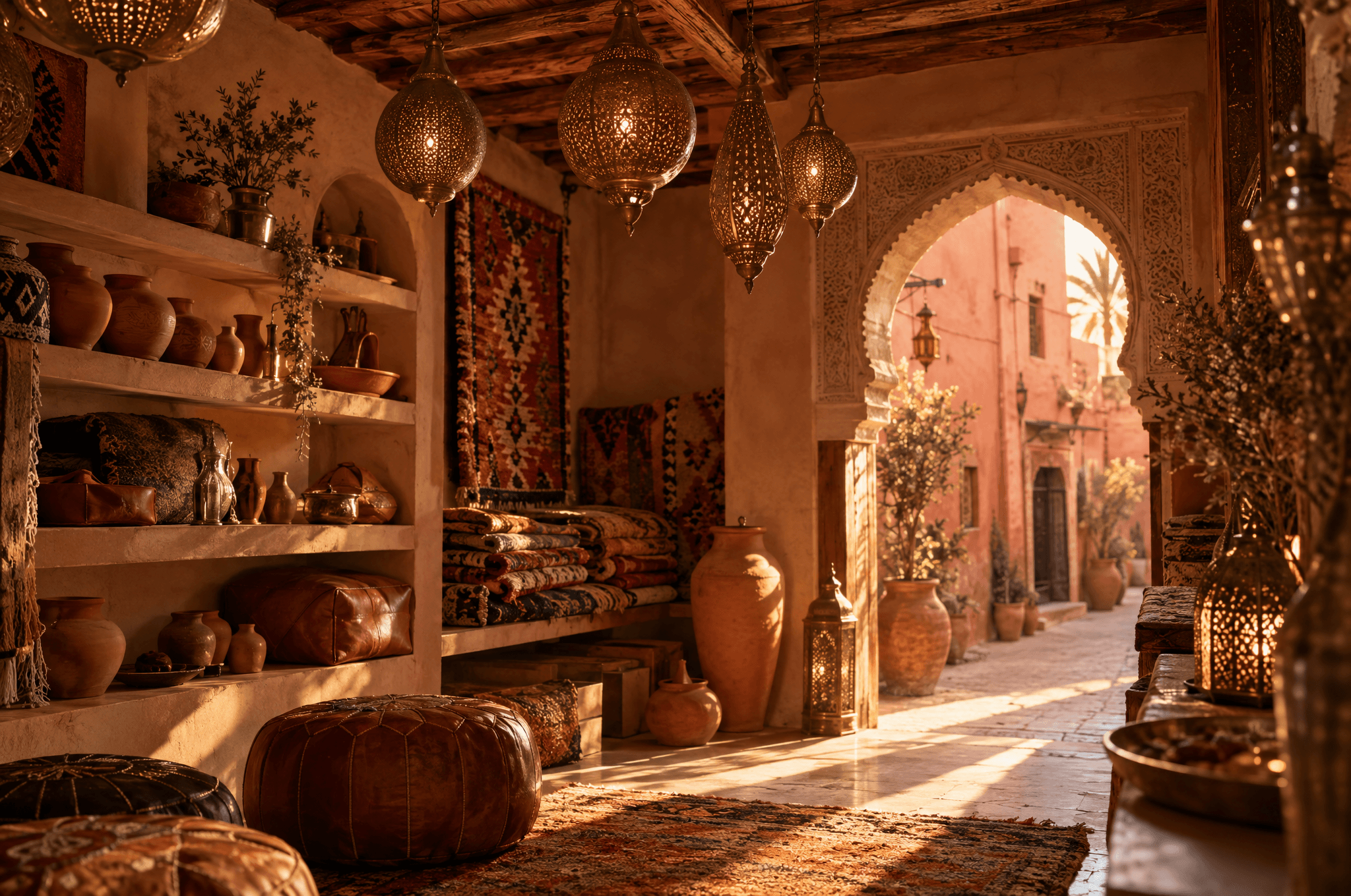 Un concept store de la médina de Marrakech avec lanternes en laiton, tapis berbères et poteries