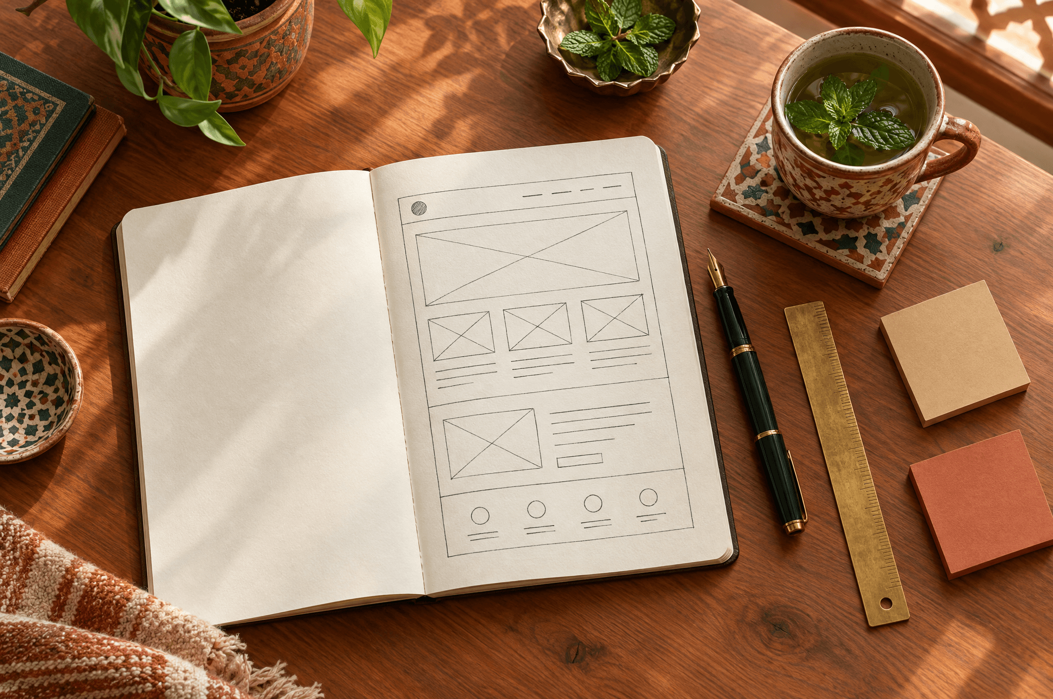 Un carnet ouvert avec une maquette de site dessinée à la main, un stylo plume, une règle en laiton et un thé à la menthe sur un bureau en cèdre