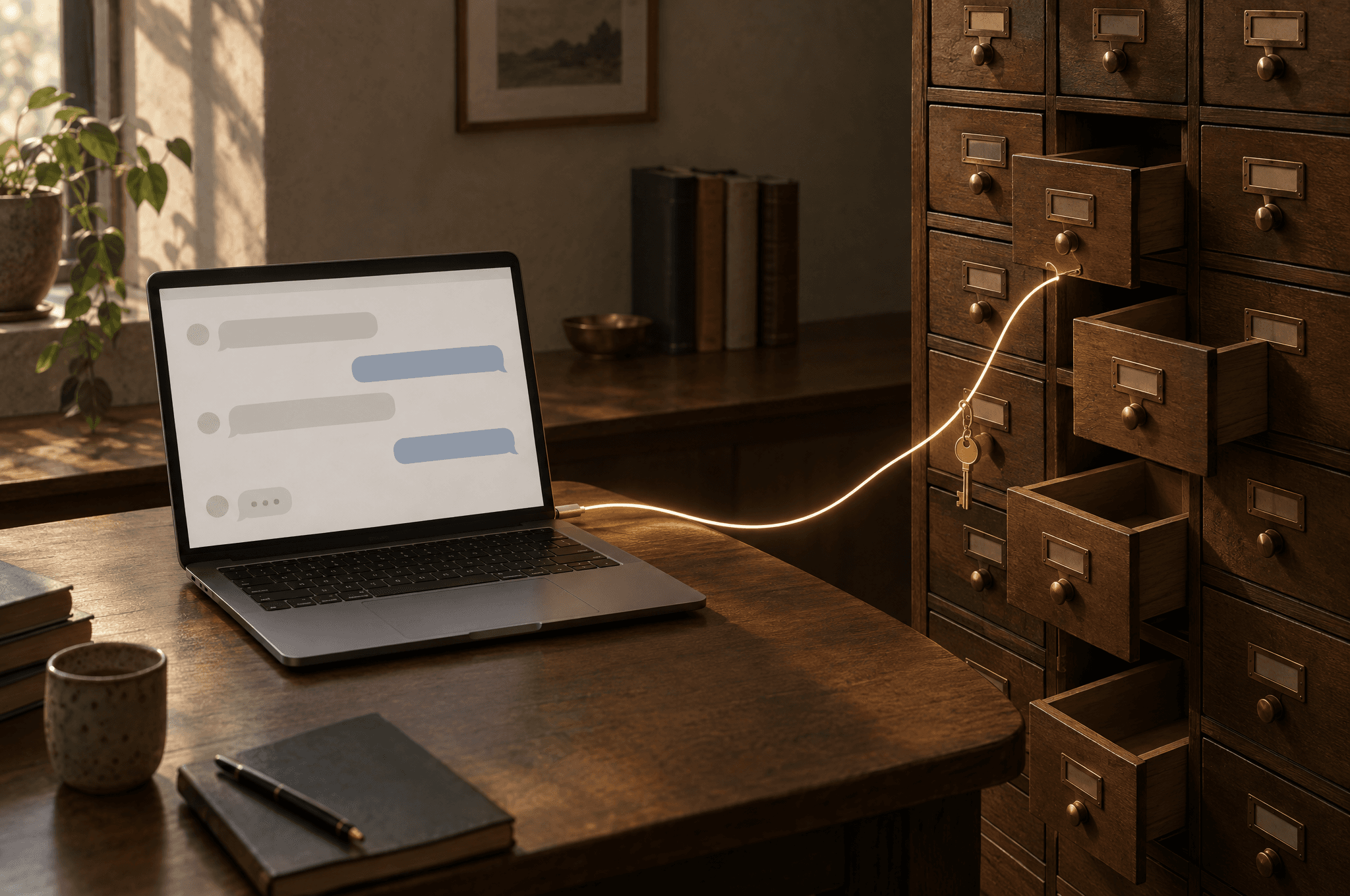 A laptop with a blank chat window linked by a glowing cable to open, empty filing drawers