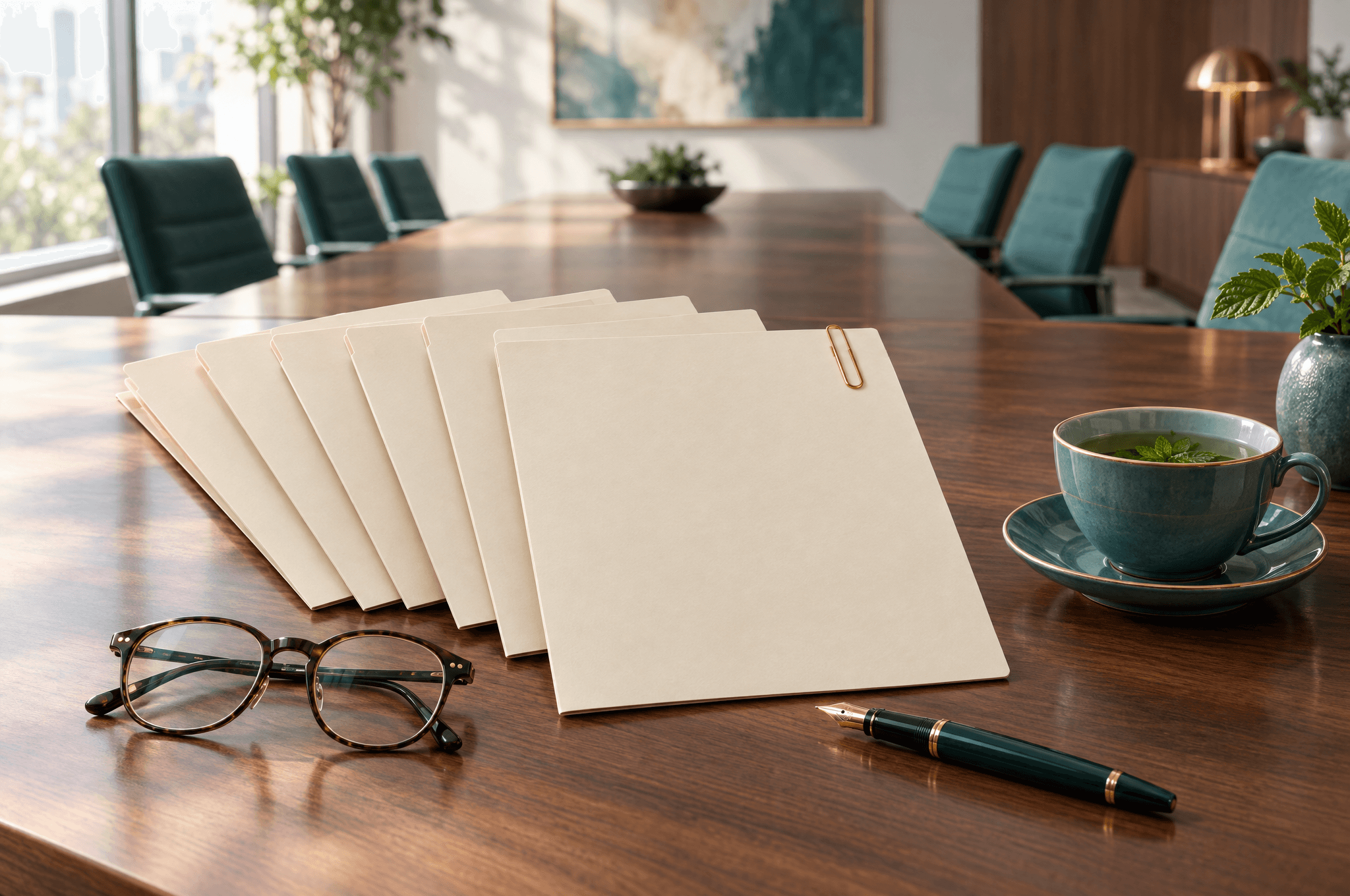 Plusieurs dossiers crème vierges disposés en éventail sur un bureau en noyer, l’un mis en avant avec un trombone en laiton, des lunettes, un stylo plume et un thé à la menthe