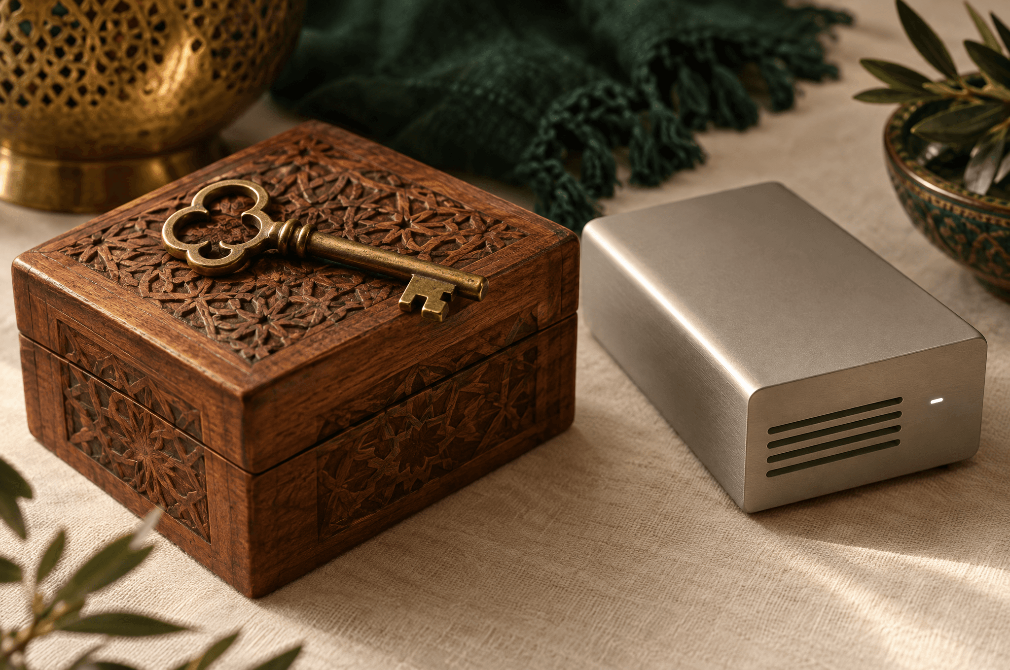 Une clé ancienne en laiton posée sur une boîte en bois sculpté, à côté d’un petit bloc d’aluminium mat, sur un lin crème
