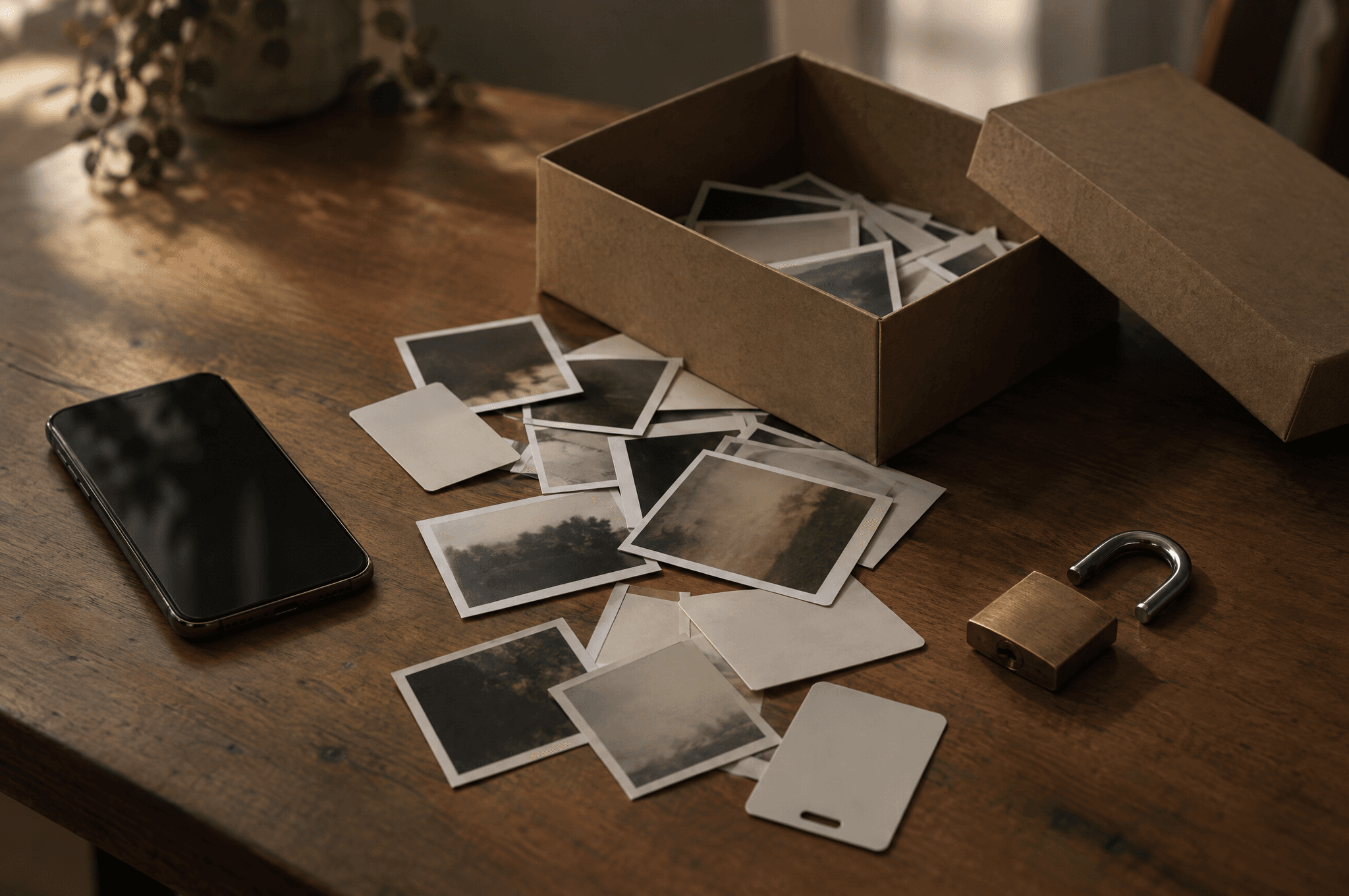 Une boîte ouverte qui laisse échapper des photos et cartes d’identité vierges, près d’un cadenas ouvert