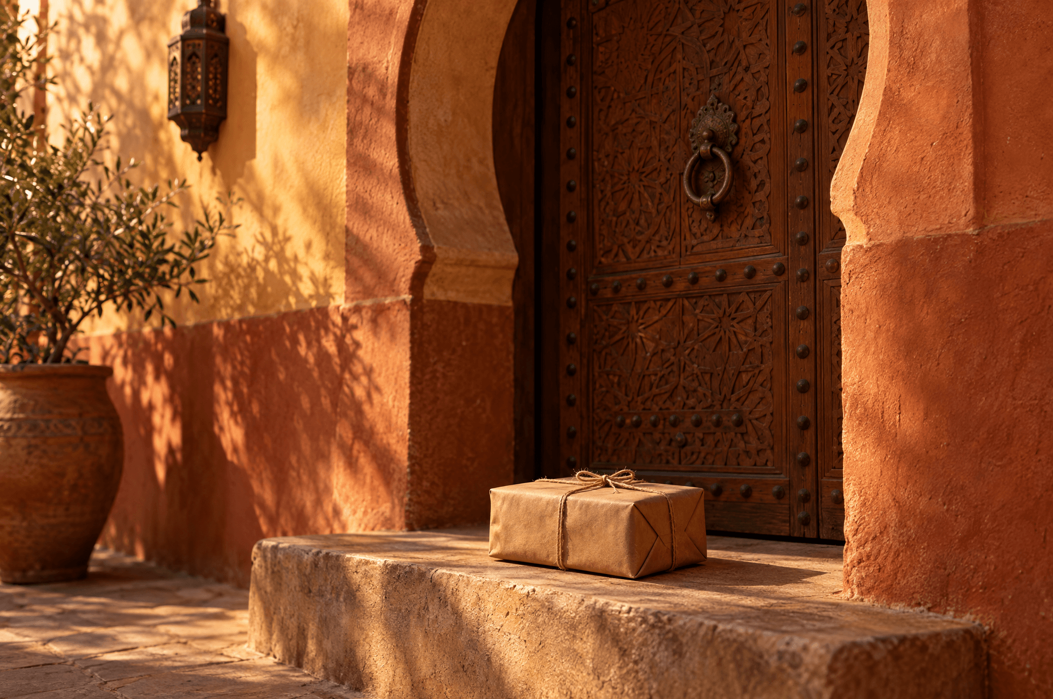 Un colis en papier kraft ficelé, posé sur le seuil d’une porte marocaine en bois sculpté