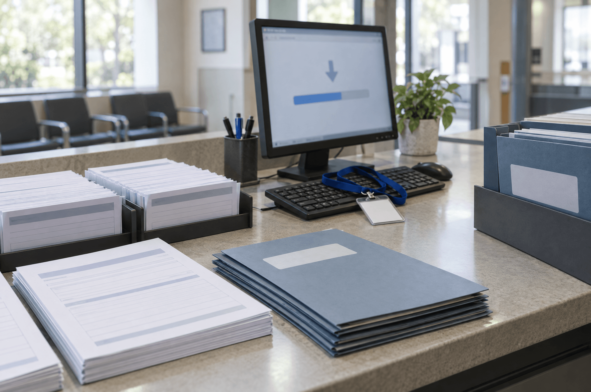 A public office counter with blank forms, a download progress bar on screen and a staff badge