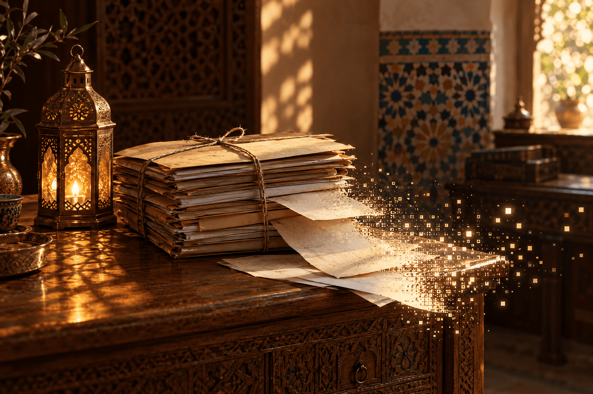 Administrative folders dissolving into digital particles beside a brass lantern