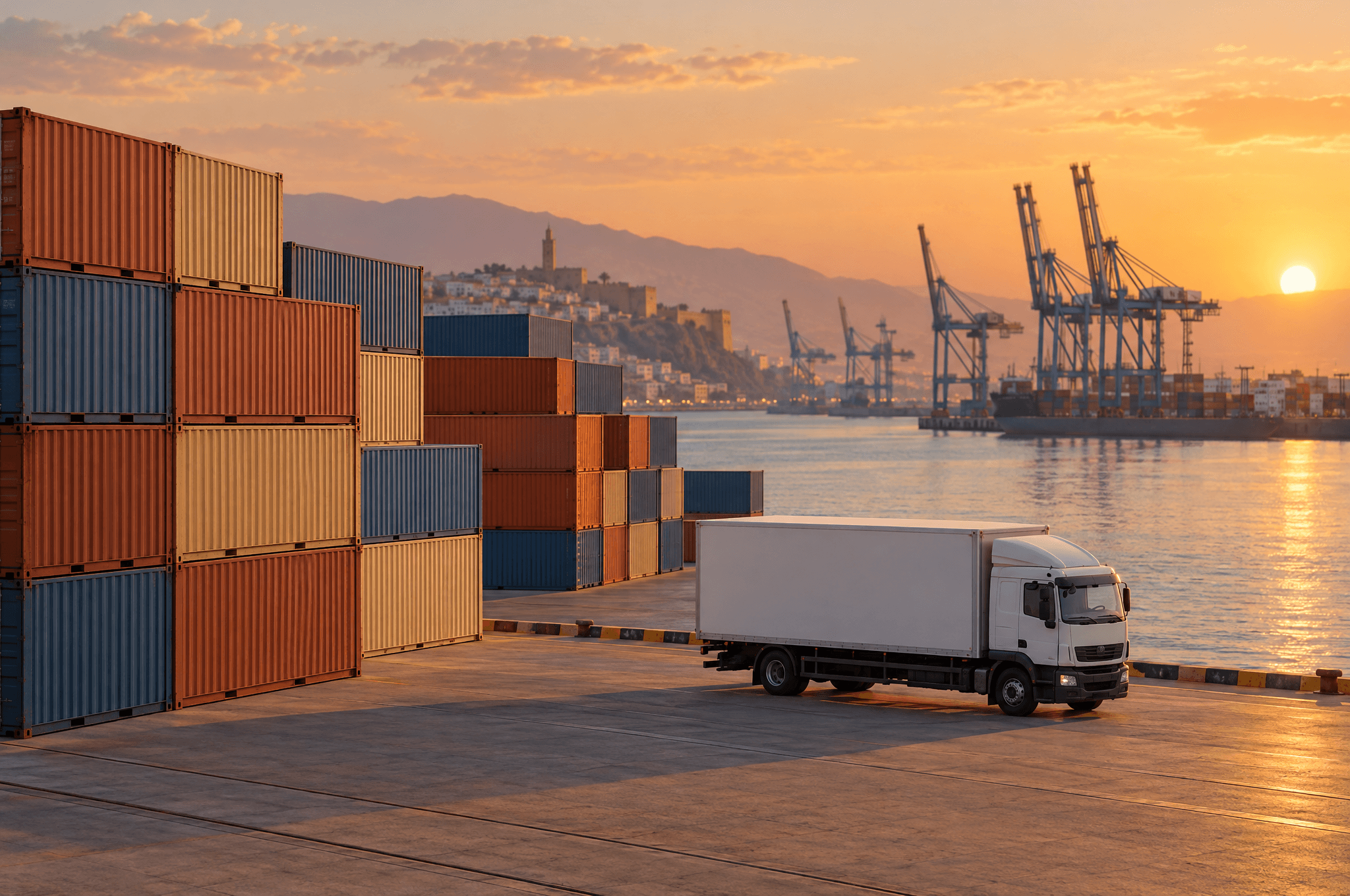 Des conteneurs empilés aux tons terre cuite, sable et bleu dans un port marocain au coucher du soleil, un camion blanc sans inscription sur le quai
