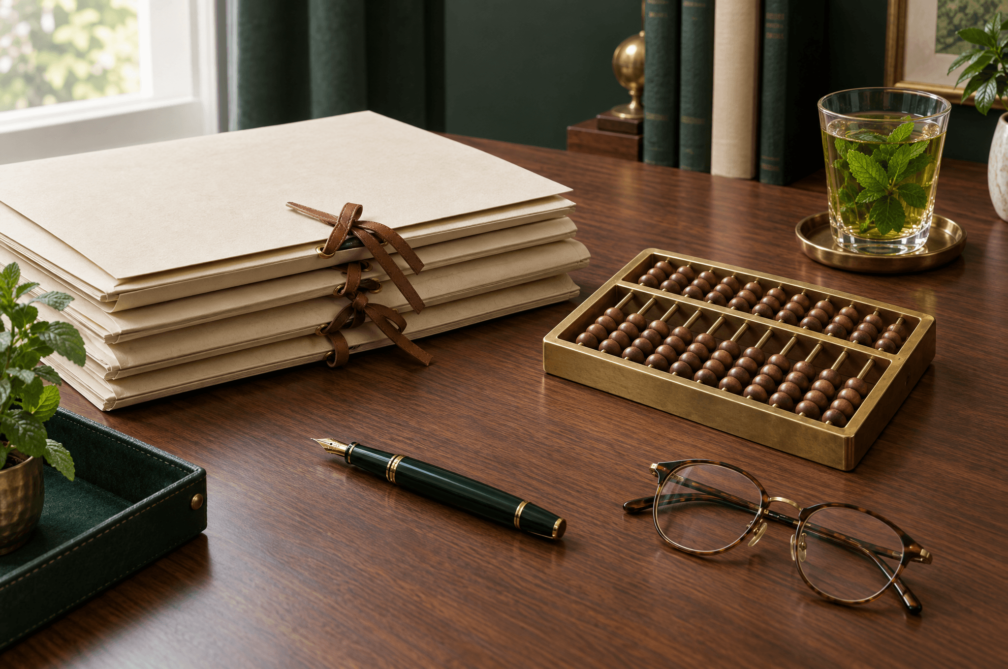 Des dossiers vierges empilés et fermés par des liens en cuir, un boulier en laiton, un stylo plume, des lunettes et un thé à la menthe sur un bureau en noyer
