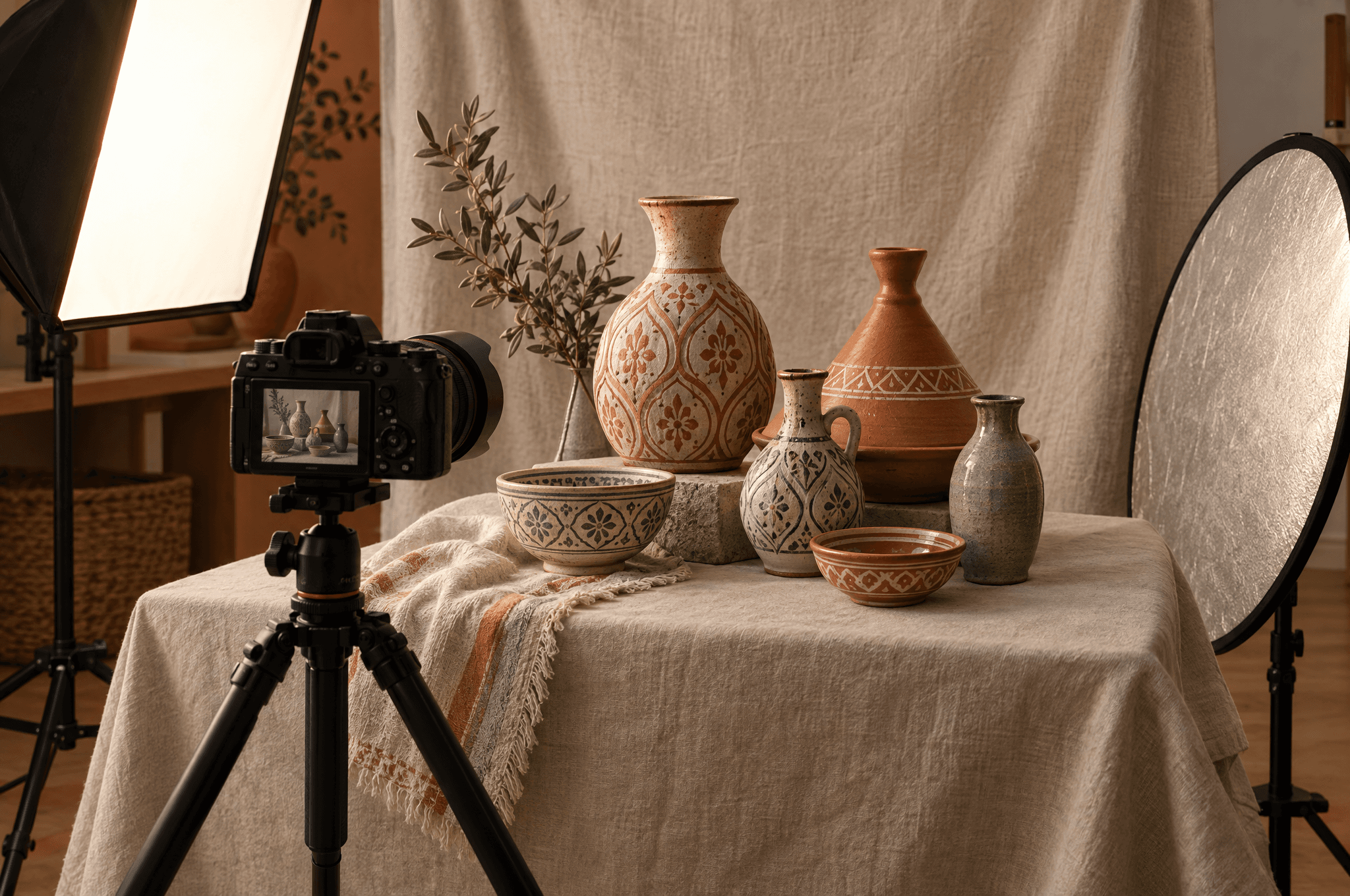 Un appareil photo professionnel sur trépied face à des céramiques marocaines posées sur un fond en lin, une boîte à lumière et un réflecteur à côté