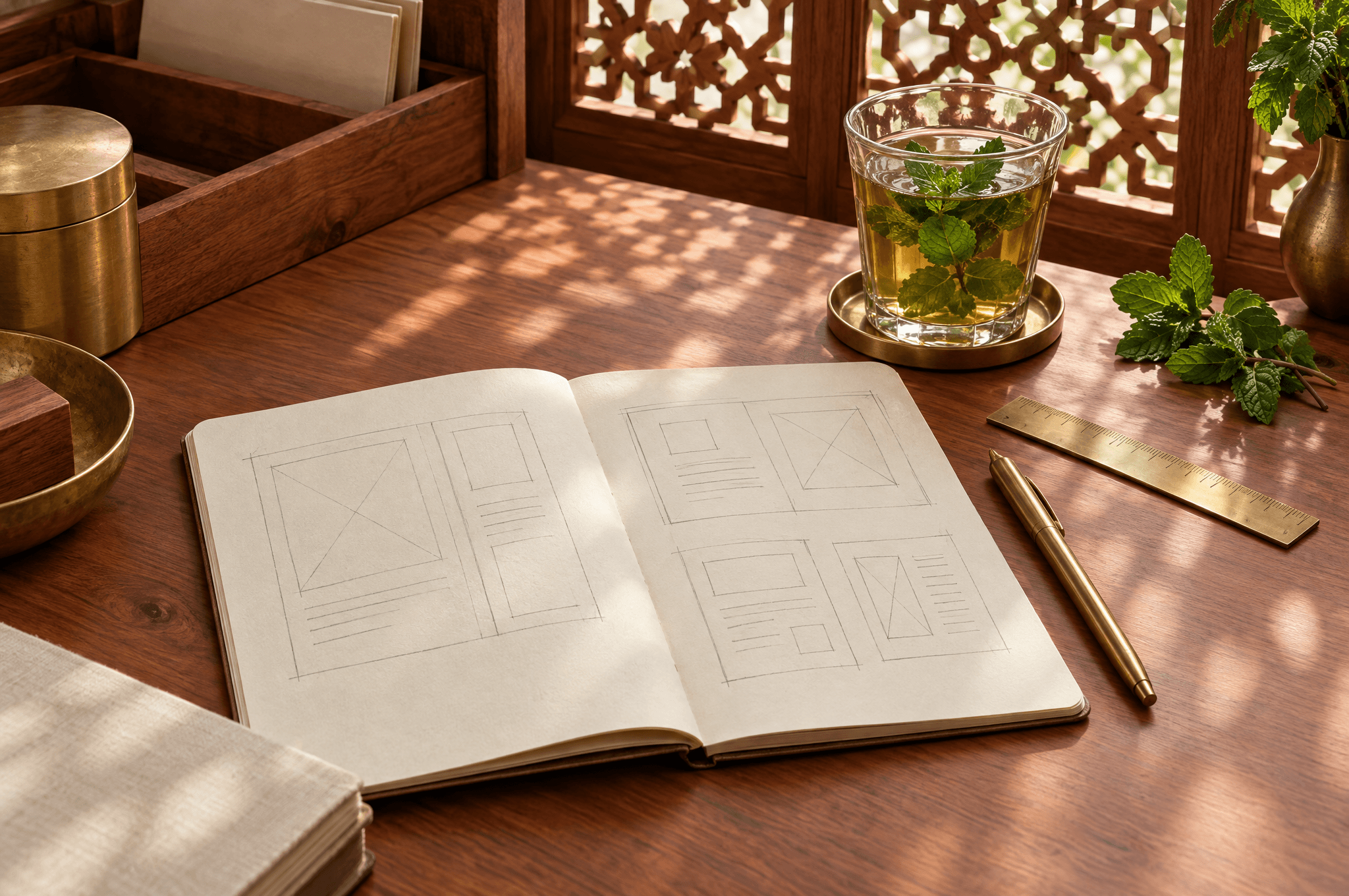 مكتب من خشب الأرز عليه دفتر مفتوح برسومات تخطيطية لصفحة موقع، وقلم نحاسي وكوب شاي بالنعناع في ضوء الصباح