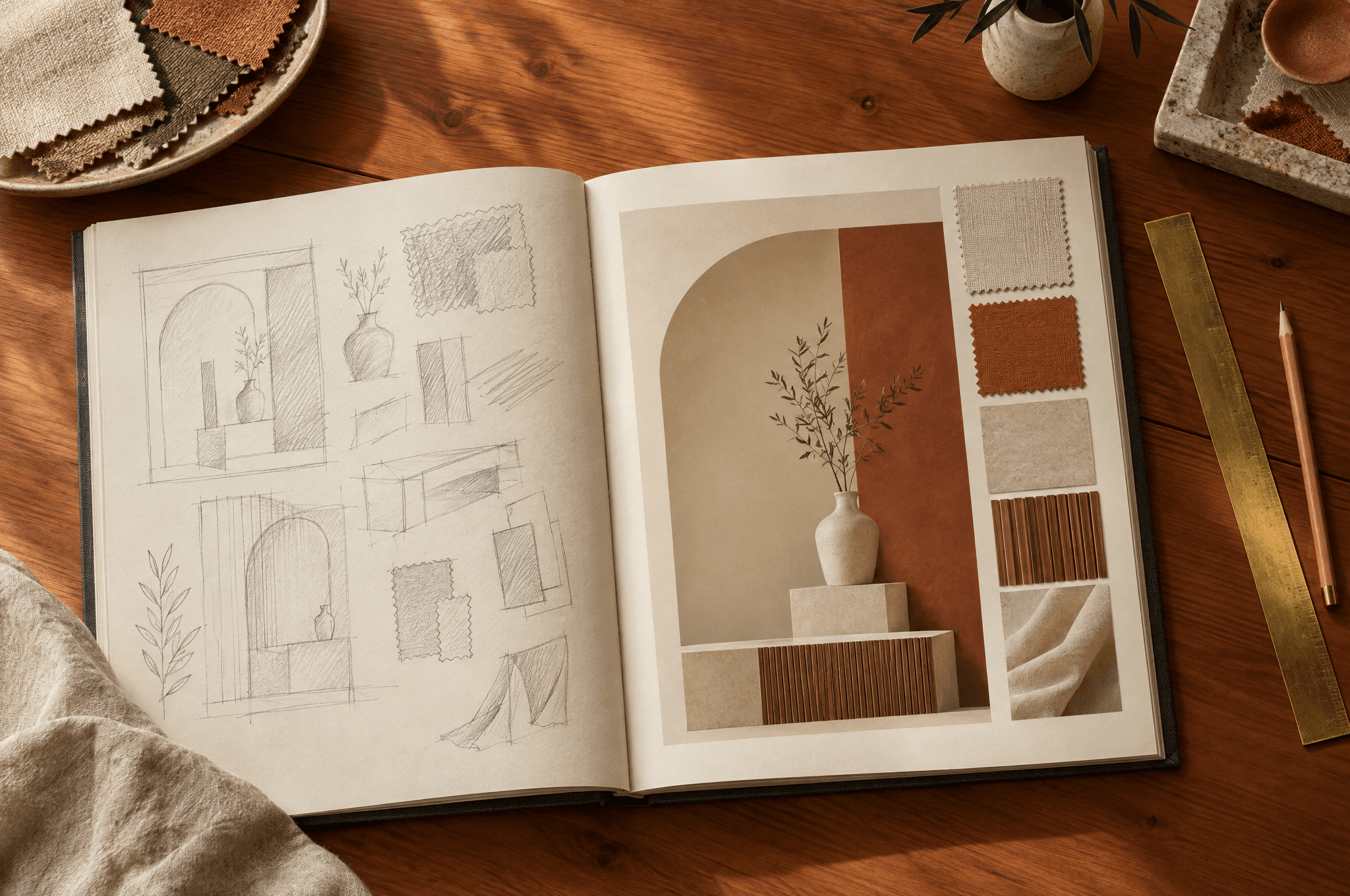Un grand portfolio ouvert sur une table en cèdre, des croquis au crayon d’un côté et une page de maquette finie de l’autre, avec une règle en laiton, un crayon et des échantillons de tissu