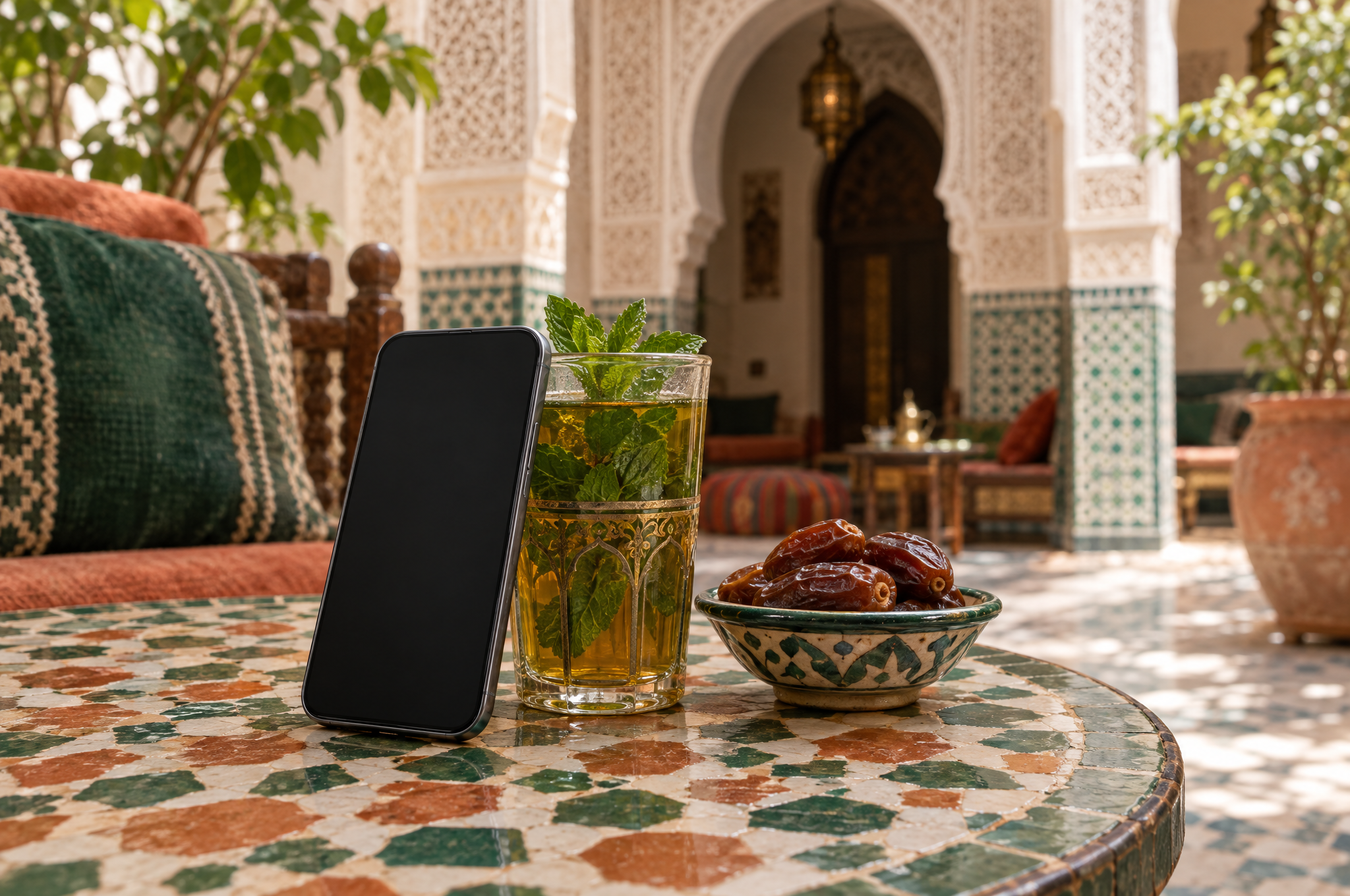 هاتف ذكي بشاشة فارغة متكئ على كوب شاي في مقهى تقليدي، فوق طاولة من الزليج مع صحن تمر، وضوء النهار الدافئ