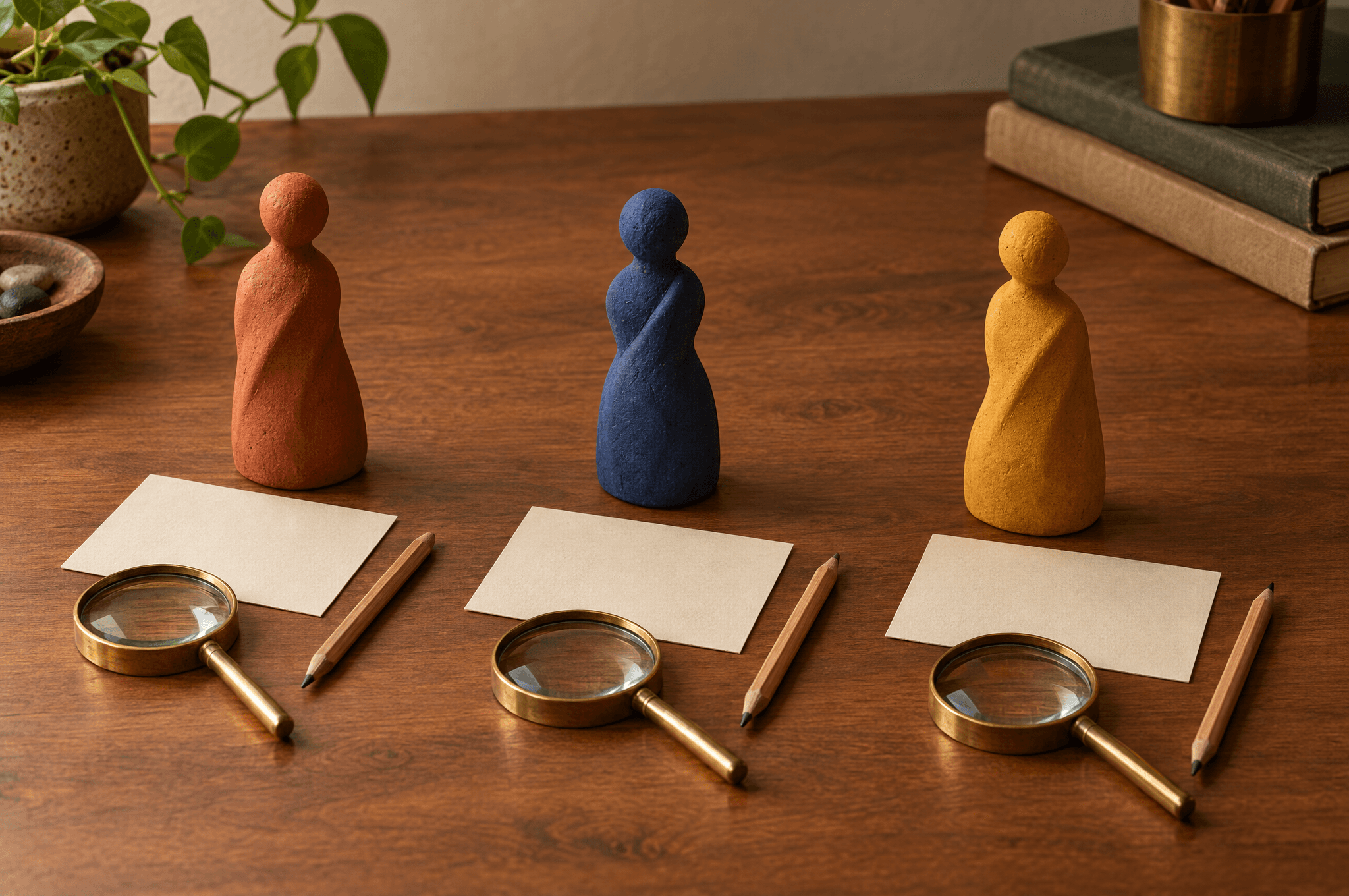 Trois petites figurines en argile terre cuite, indigo et safran sur un bureau en cèdre, chacune à côté d’une fiche crème vierge, avec un crayon et une loupe en laiton