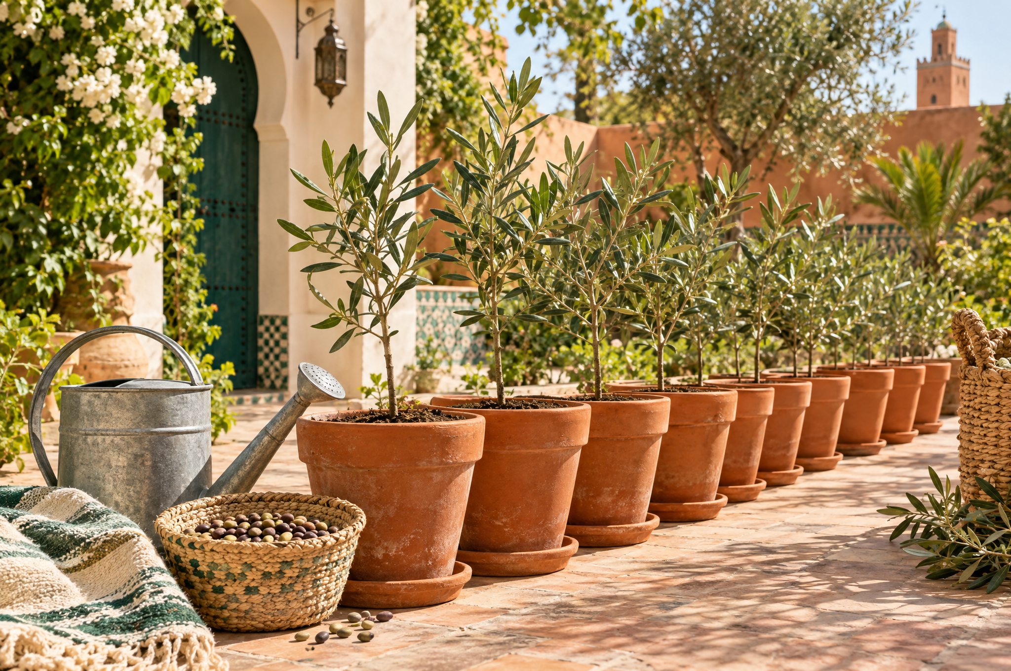 De petits pots en terre cuite plantés de jeunes oliviers alignés dans une cour ensoleillée, avec un arrosoir et un panier tressé de graines