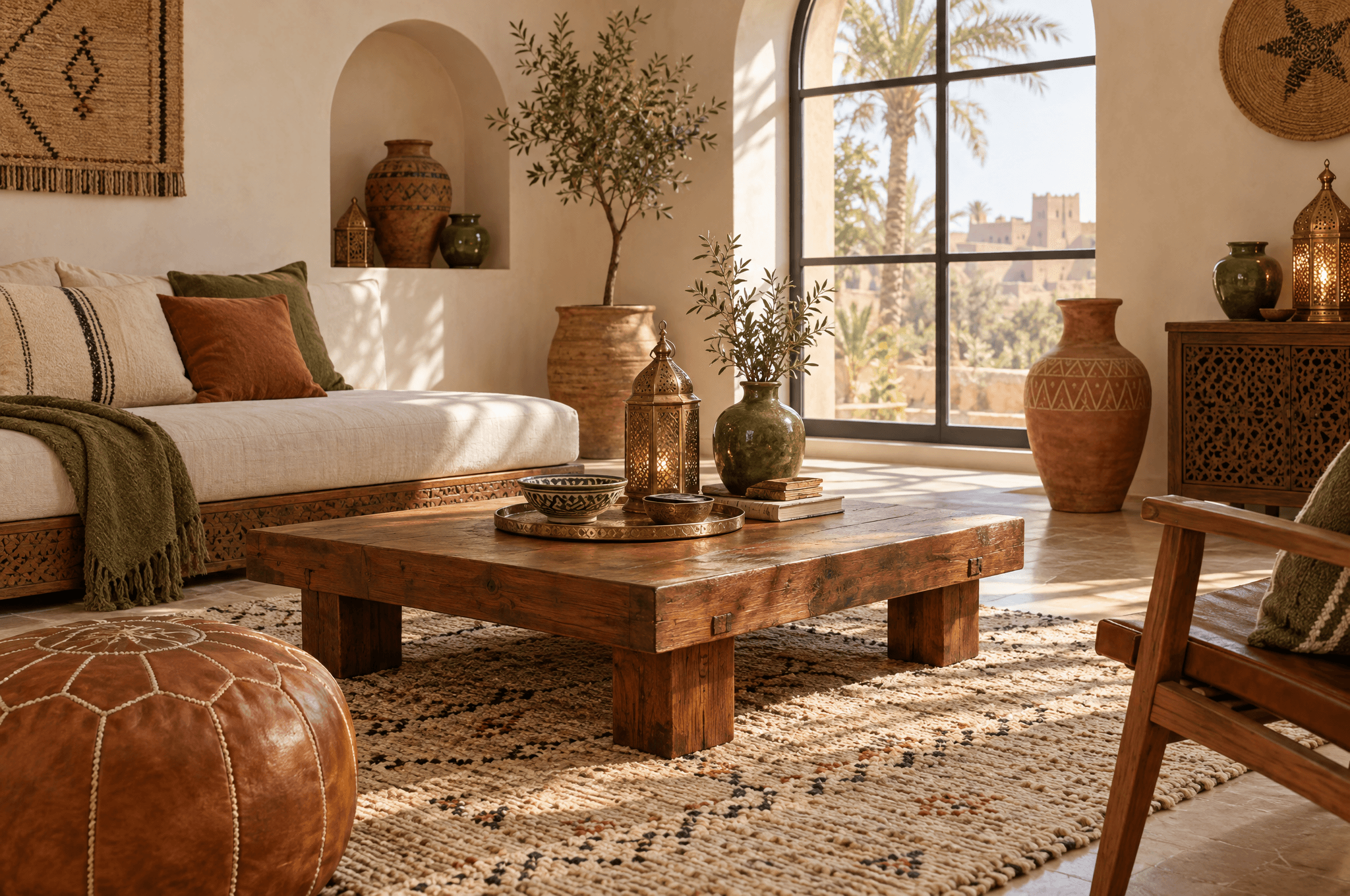 Un showroom de décoration marocain lumineux avec une table basse en cèdre, un tapis berbère, un pouf en cuir, des vases en céramique et une lanterne en laiton près d’une grande fenêtre en arc